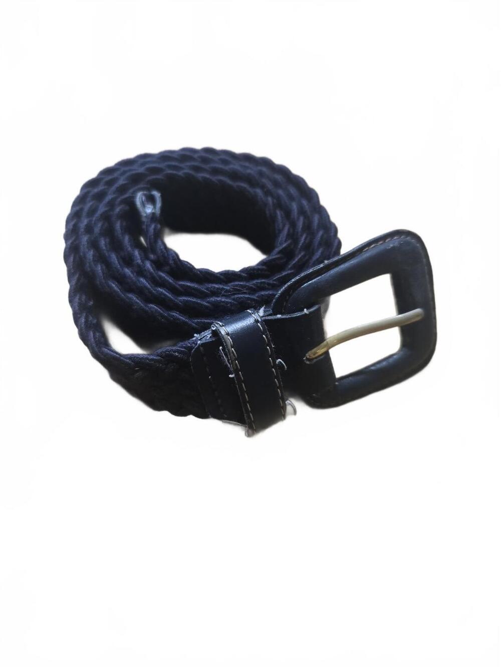 Navy Blue Braided Fabric Belt with Leather Buckle